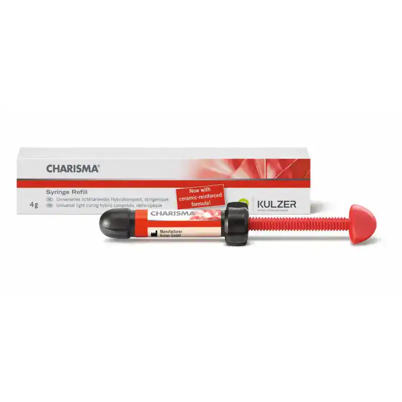 Syringe de resina dental Charisma para prótesis y restauraciones odontológicas, con fórmula reforzada de cerámica.