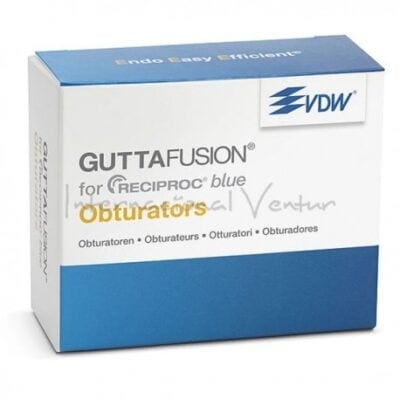 Obturadores GuttaFusion para productos odontológicos personalizados de EXAmedic, compatibles con RECIPROC Blue, en envase compacto y profesional.
