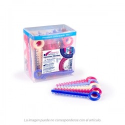 Personalizados productos odontológicos EXAmedic para higiene dental, con bandas, espirales y accesorios en colores rosa, azul y blanco. Perfectos para cuidado dental profesional y en casa.
