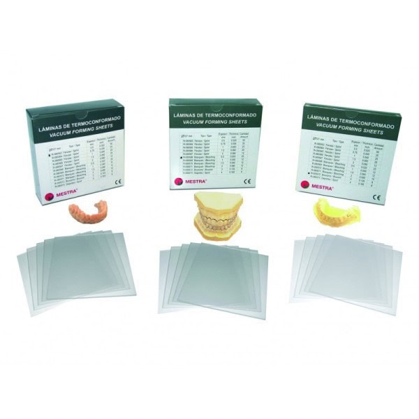 Placas de termoconformado para prótesis dentales y modelos, con láminas de PVC para creación de férulas, alineadores y otros dispositivos personalizados en odontología.