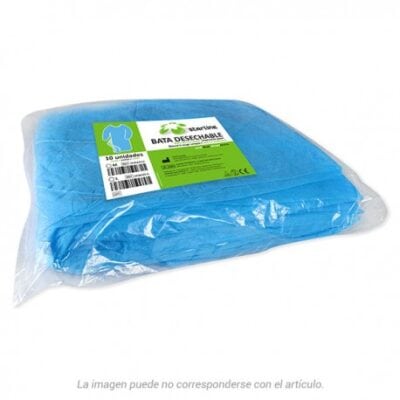 Bata desechable azul para odontología, pack de 10 unidades, material de alta calidad, protección e higiene en tratamientos dentales.
