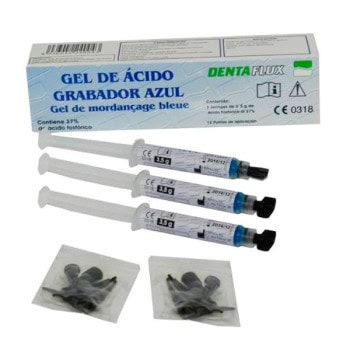 Gel de ácido grabador azul para odontología, ideal para preparación y adhesión de carillas y restauraciones dentales.