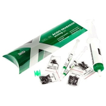 Ácido grabador odontológico personalizado para tratamientos dentales, incluye jeringa y accesorios para una aplicación precisa y segura.