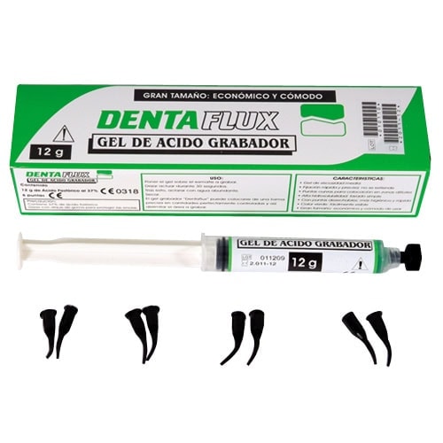 DENTA FLUX gel de ácido grabador para odontología, 12g, en caja económica y cómoda, con accesorios para aplicaciones precisas en tratamientos dentales.
