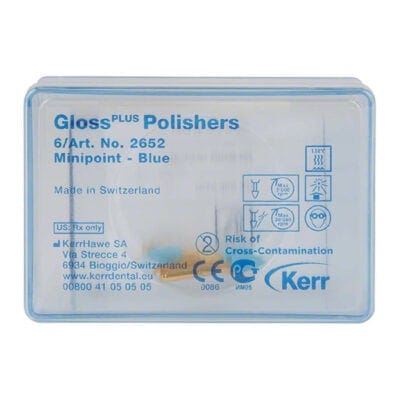 Gafas de pulido dentales Gloss Plus en estuche con instrucciones y advertencias en envase transparente.