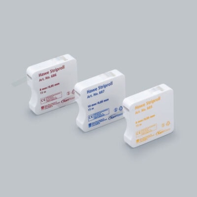 Hilo de odontología personalizado Hawe Striproll en diferentes espesores y longitudes para tratamientos dentales de precisión.