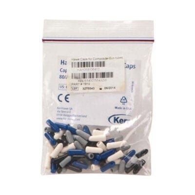 Haces caps para tubos de pistola de pegamento para odontología, en color azul, gris y negro, utilizados en procedimientos de odontología restauradora y ortodoncia.