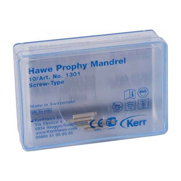 Hawe Prophy Mandrel de Kerr en caja de plástico transparente para accesorios odontológicos profesionales.