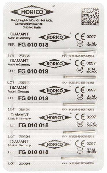 Sharp dental burs with HORICO brand markings for precise dental procedures, featuring German manufacturing quality and CE certification.