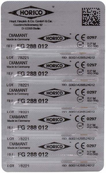 Etiquetas de productos odontológicos personalizados de la marca Horico, con código de barras, referencias y especificaciones técnicas.