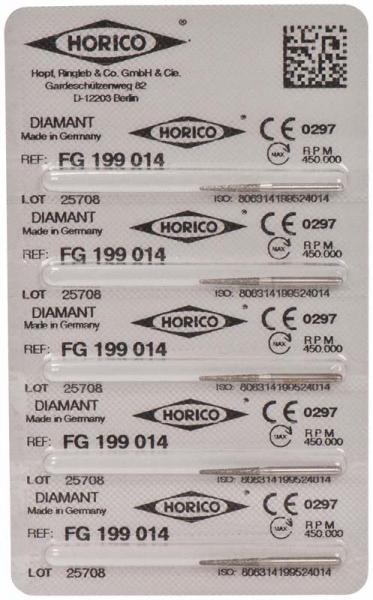 Etiquetas de productos odontológicos personalizados de HORICO, con códigos de barras, referencia FG 199 014 y detalles de fabricación alemana.