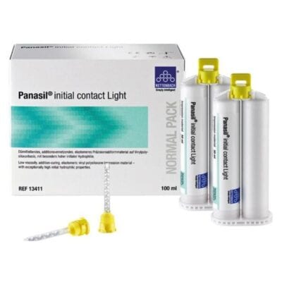 Pasta adhesiva dental Panasil Initial Contact Light para impresiones odontológicas, en envases de 100 ml, ideal para laboratorios y clínicas dentales para impresiones precisas y duraderas.