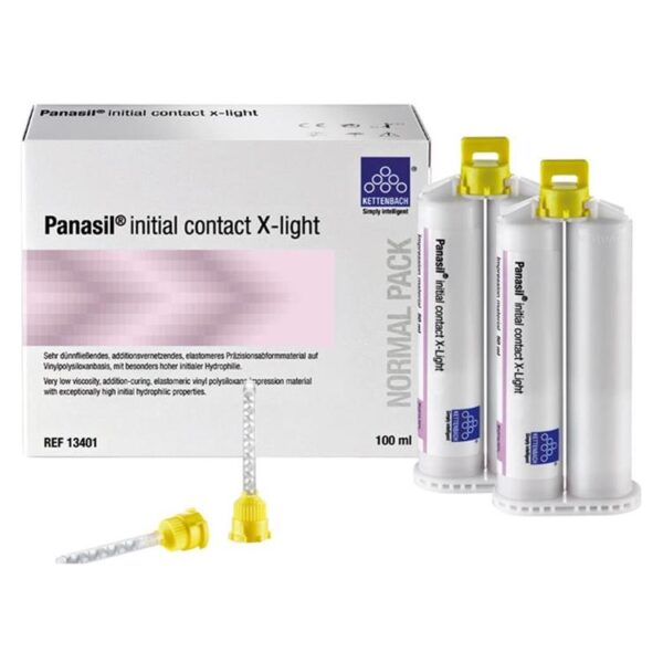 Pasta de unión para ortodoncia Panasil® contact X-light en envase de 100 ml, ideal para aplicaciones odontológicas personalizadas y precisas en clínicas dentales.