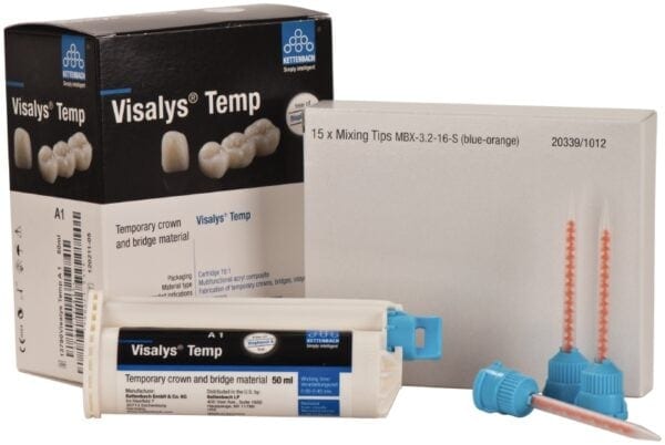 Visalys Temp, material de coronas y puentes temporales para odontología, con aguja y tips de mezcla, ideal para restauraciones provisionales personalizadas y duraderas en tratamientos dentales.
