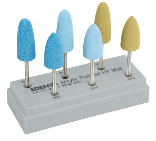 Polvos de pulido acrílicos para odontología, en colores azul y beige, ideales para restauraciones dentales y acabados precisos en clínicas odontológicas.