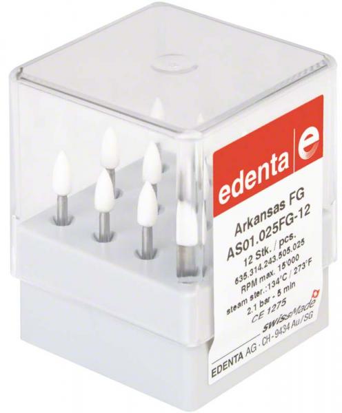 Alto texto: Set de buriles odontológicos de alta precisión para restauraciones y tratamientos dentales, fabricados por Edenta para odontólogos profesionales.