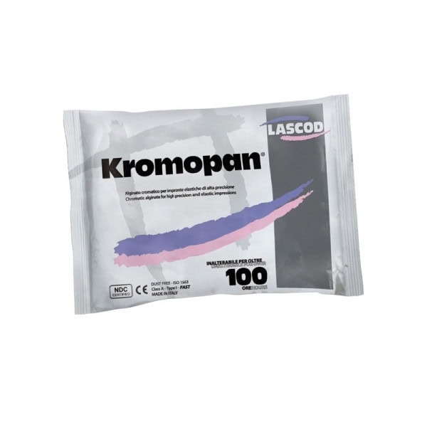 Alginate Kromopan para impresiones dentales precisas y duraderas, ideal en odontología, con alta elasticidad y fácil desmoldado. Producto de calidad para profesionales de la salud bucal.
