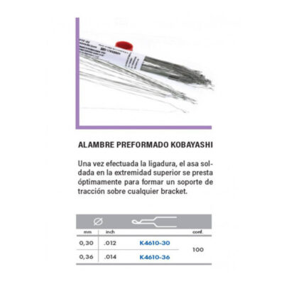 Alambre preformado Kobayashi para soporte de tracción en aparatología dental y ortodoncia.