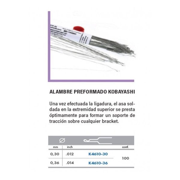 Alambre preformado Kobayashi para soporte de tracción en aparatología dental y ortodoncia.