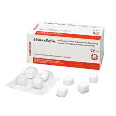Esponjas hemostáticas estériles de hemocollagén para control de hemorragias en procedimientos odontológicos, paquete con 24 unidades, fáciles de usar y reabsorbibles, ideales para clínicas dentales y cirugías.