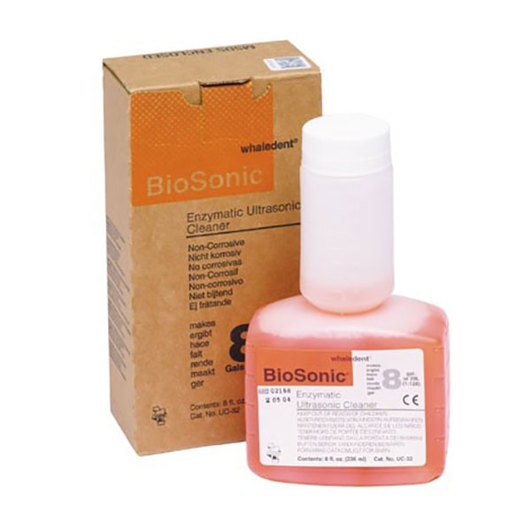 BioSonic limpiador ultrasónico en envase rosa para odontología, ideal para limpieza en dispositivos dentales y prótesis.