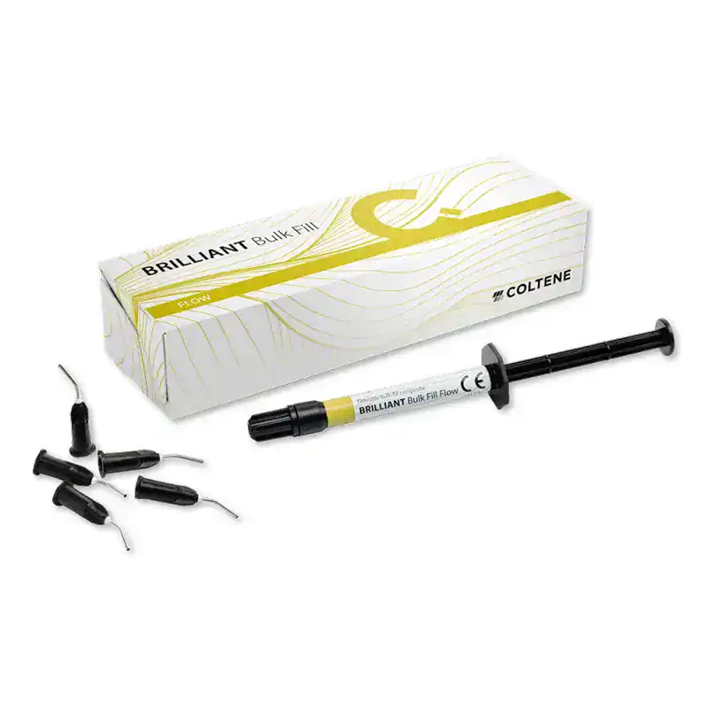 Brilliant Bulk Fill Flow, material odontológico para restauraciones dentales, en jeringa con accesorios de aplicación. Perfecto para odontólogos que buscan calidad y precisión en tratamientos restauradores.