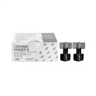 Unidad de cemento de cerámica CERAMIC PRIMER II para odontología, ideal para adhesión y fijación de componentes dentales, en presentación de 10 piezas.