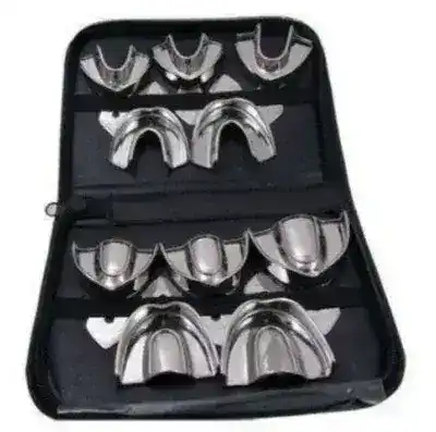 Dientes de muestra de acero inoxidable para moldes dentales con estuche de transporte.