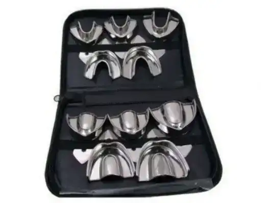 Dientes de muestra de acero inoxidable para moldes dentales con estuche de transporte.