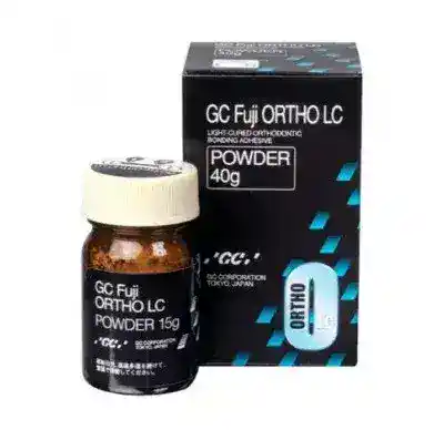 Polvo de resina odontológica GC Fuji Ortho LC para cementado y adhesión en tratamientos dentales personalizados.