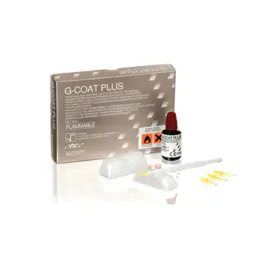 G-COAT PLUS, revestimiento protector autoadhesivo para odontología, con aplicador y material de corte, ideal para protección dental personalizada en clínicas y laboratorios odontológicos.
