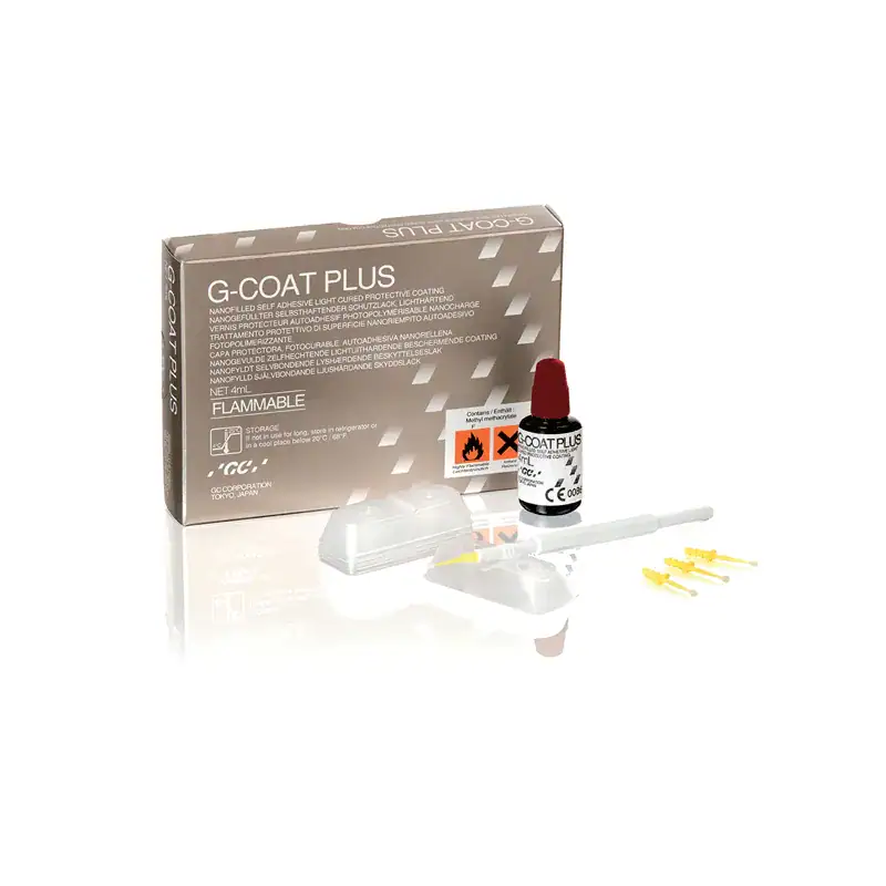 G-COAT PLUS, revestimiento protector autoadhesivo para odontología, con aplicador y material de corte, ideal para protección dental personalizada en clínicas y laboratorios odontológicos.