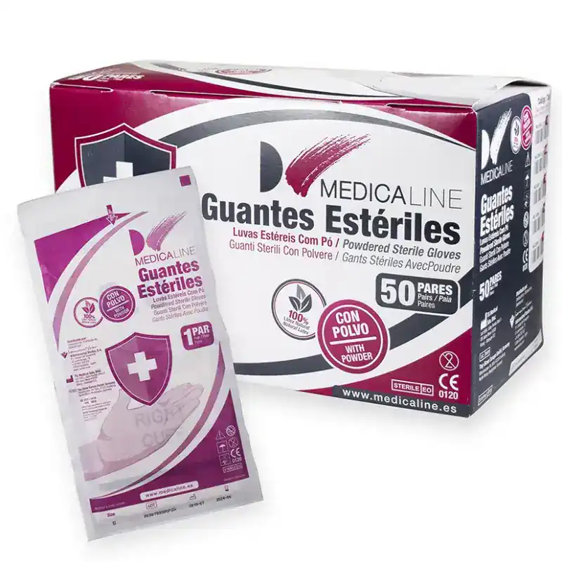Guantes estériles con polvo Medicaline, ideales para uso odontológico y médico, en caja con 50 pares, protección y higiene garantizadas para profesionales de la salud.