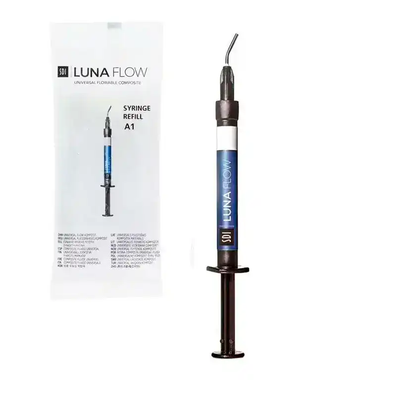 Syringe de composite fluido universal LUNA FLOW SDI para odontología, con recarga A1 y agujas flexibles, ideal para adjuntos personalizados y restauraciones dentales precisas.