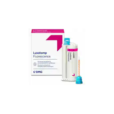 Luxatemp Fluorescence, material para prótesis dentales personalizadas con fluorescencia, ideal para coronas y puentes temporales, ofrece durabilidad y estética en odontología.
