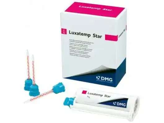 Luxatemp Star, material odontológico personalizado para restauraciones dentales, en caja y componentes para impresiones, fabricado por DMG para odontología estética y funcional.
