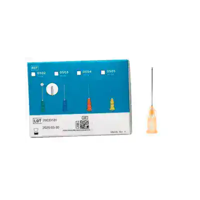 Punta de anestesia dental de diferentes calibres en caja con variedad de colores para procedimientos odontológicos personalizados.