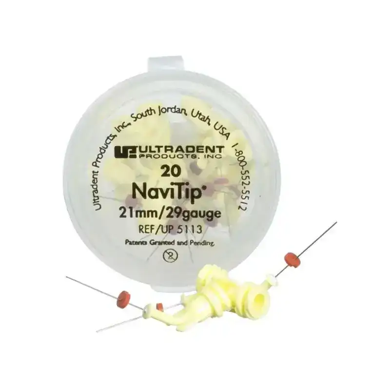 NaviTip ultrasónico para odontología, tamaño 21mm/29 gauge, en envase de 20 unidades, utilizado en procedimientos odontológicos de alta precisión.