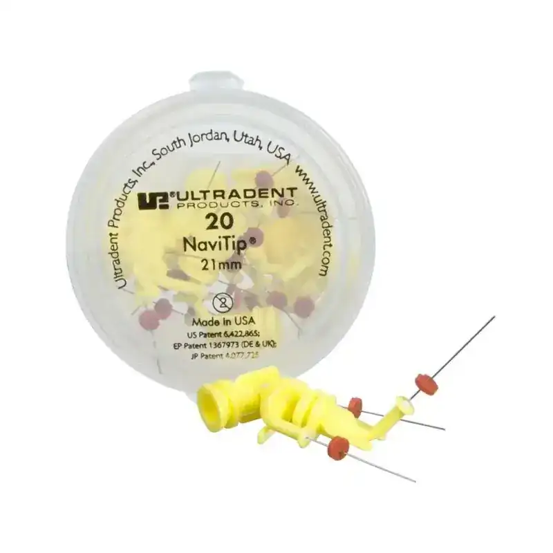 Tira de accesorios para prótesis dentales personalizados, con conos y piezas de silicona de 21 mm para ajustes precisos, fabricada en EE.UU. por UltraDent para odontología especializada.