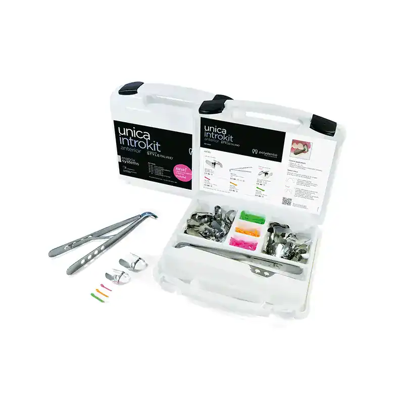 Unica introkit anterior, kit de instrumentos odontológicos personalizados para restauraciones dentales, en estuche con accesorios y componentes intercambiables de alta precisión.