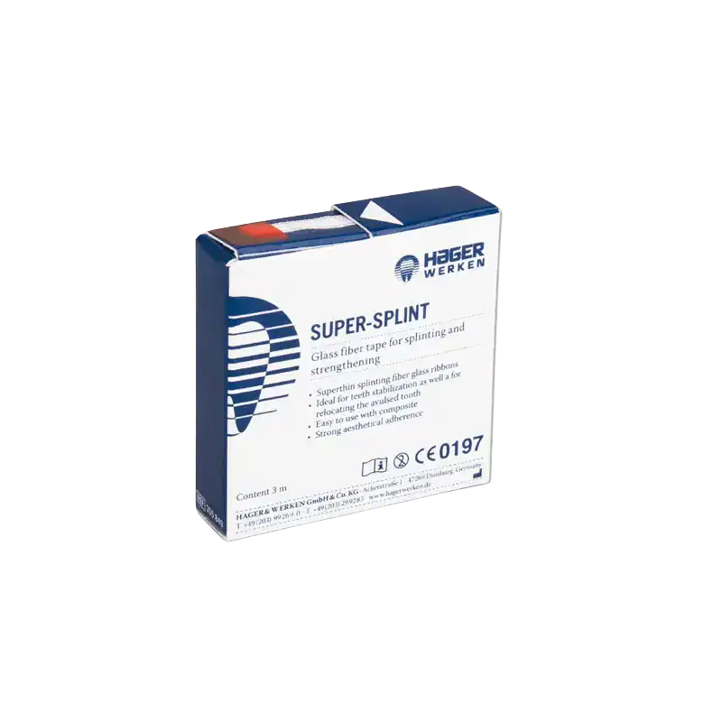 Super-Splint de Hager Werken, cinta de fibra de vidrio para splint y fortalecimiento dental, fácil de usar, con adherencia estética y resistencia para reconstrucción y estabilización de dientes.