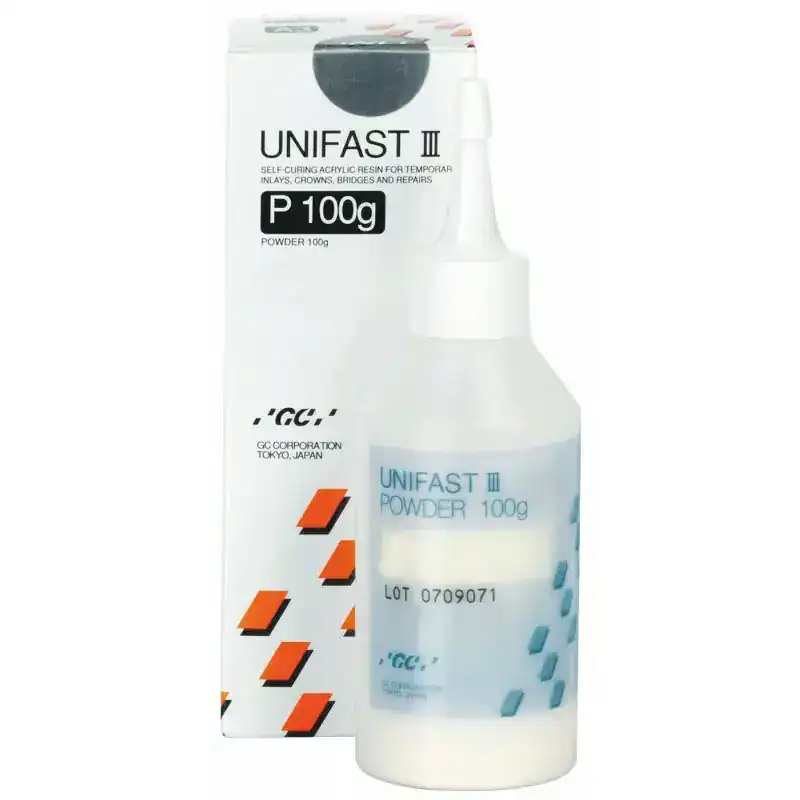 Unifast III polvo de resina acrílica autosecante para prótesis dentales y reparaciones en odontología, de alta calidad y precisión.