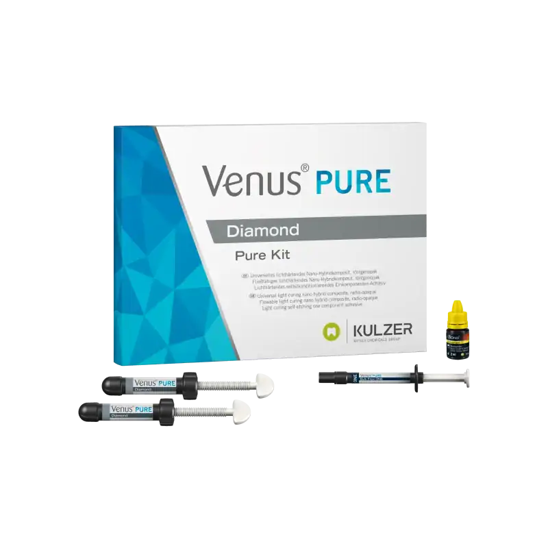 Venus PURE Diamond Kit de productos odontológicos personalizados, con material de alta calidad para odontología estética y restauradora, incluyendo componentes para composites y cementos dentales.