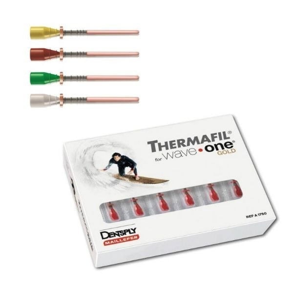 Termómetro odontológico personalizado Thermafil Wave One Gold para tratamientos dentales precisos, incluyendo componentes de diferentes colores para un manejo eficiente y seguro en odontología.