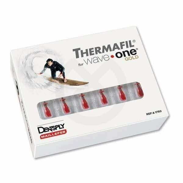 Alto texto: Pack de productos odontológicos personalizados Thermafil Wave One Gold para tratamientos dentales eficientes y seguros, ideal para clínicas dentales y profesionales del sector.
