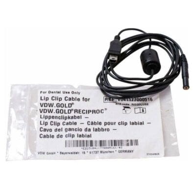 Cargador y cable de clip labial para dispositivos odontológicos VDW.GOLD, exclusivos para uso dental, con conexión USB y resistencia para esterilización.