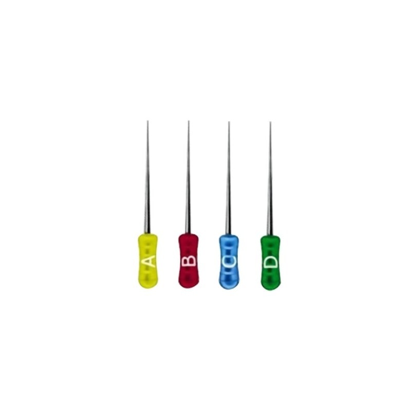 Pinzas odontológicas de colores con letras A, B, C y D para identificación en tratamientos dentales personalizados.