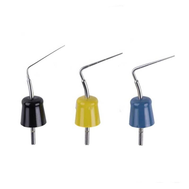 Instrumentos odontológicos personalizados para profilaxis dental y limpieza bucal. Equipo profesional en colores negro, amarillo y azul. Calidad y precisión en cada procedimiento dental.