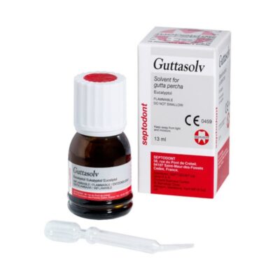 Solvente para esmaltes dentales Guttasolv, 13 ml, con aplicador para uso odontológico y cuidado bucal profesional.