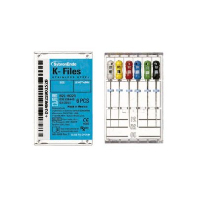K-Files instrumentos odontológicos personalizados para endodoncia en acero inoxidable, variedad de tamaños y colores, ideal para clínicas dentales y tratamientos precisos.